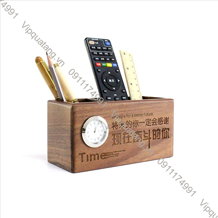 Ống cắm bút để bàn bằng gỗ có đồng hồ MS 21071